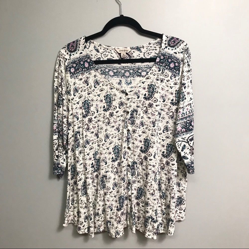 Lucky Brand Paisley 3/4 Sleeve Button-Front Top 1X